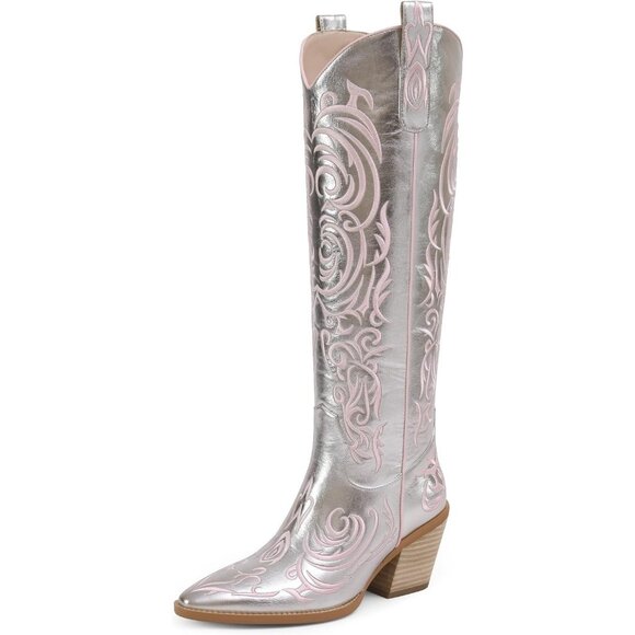 ⚡Women Silver Faux Leather Knee High Pointed Toe and Block Heel Cowboy Boots - Picture 1 of 6